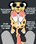 anthro anus breasts butt cheetah collar dialogue duo english_text erection feet felid feline female first_person_view foot_fetish foot_focus fur genitals hi_res male male/female male_pov mammal mascot_costume mask mask_only mostly_nude_female nude opie_(sleepysheepy17) pawpads sex sleepysheepy17 tail tail_around_penis tail_fetish tail_play tail_sex tailjob text vulva wearing_mask yellow_body yellow_fur