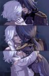  2girls arms_around_neck blue_eyes blue_hair blue_jacket clorinde_(genshin_impact) commentary earrings emeraldice67 english_commentary epaulettes french_kiss furina_(genshin_impact) genshin_impact gloves hand_on_another&#039;s_neck highres jacket jewelry kiss long_hair long_sleeves multiple_girls necklace open_mouth purple_eyes short_hair sweater tears white_gloves white_hair white_sweater yuri 