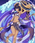  1girl absurdres breasts candace_(genshin_impact) commentary dark-skinned_female dark_skin eye_of_horus finn_flint foot_out_of_frame genshin_impact heterochromia highres holding holding_polearm holding_shield holding_weapon jewelry medium_breasts midriff navel pelvic_curtain polearm purple_background purple_eyes purple_hair purple_skirt sandals shield skirt solo stomach thighlet weapon yellow_eyes 