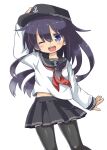  1girl akatsuki_(kancolle) anchor_symbol arm_up black_hat black_skirt black_thighhighs blue_eyes blush commentary flat_cap hand_on_headwear hat kantai_collection long_hair long_sleeves looking_at_viewer miniskirt neckerchief one_eye_closed open_mouth pleated_skirt purple_hair red_neckerchief rikaon sailor_collar school_uniform serafuku simple_background skirt solo thighhighs white_background 