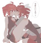 2girls :&lt; ahoge arm_support bare_arms bare_shoulders black_boots black_shirt black_skirt black_sleeve_cuffs boots bow breasts buttons cleavage closed_mouth collarbone commentary detached_ahoge double-breasted double-parted_bangs drill_hair dual_persona eye_contact face-to-face feet_out_of_frame grey_jacket grey_skirt hair_between_eyes hair_bow hand_on_another&#039;s_chin highres jacket kasane_teto kasane_teto_(sv) kasane_teto_(utau) knee_boots knee_up kneehighs layered_sleeves leaning_forward long_sleeves looking_at_another medium_hair medium_skirt miniskirt multiple_girls partially_unbuttoned petticoat plantar_flexion pleated_skirt profile recording red_eyes red_hair red_socks red_trim selfcest shirt short_over_long_sleeves short_sleeves simple_background sitting skirt sleeveless sleeveless_shirt smile socks speech_bubble synthesizer_v translated turtleneck turtleneck_jacket twin_drills utau uwa_illust_v16v white_background white_bow yuri 