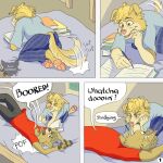 1:1 amber_eyes annoyed annoying artist_logo barefoot bed biting_own_finger blue_clothing blue_shirt blue_topwear book border_collie bored boris_(kriek_wildebeest) bottomwear canid canine canis clothing collie comic curly_hair dialogue domestic_dog duo english_text eyes_closed feet four_frame_image fur furniture hair herding_dog hi_res holding_object holding_pencil inside jeremy_(kriek_wildebeest) kriek_wildebeest logo looking_at_another lying male mammal on_back on_bed page_number pants pastoral_dog pawpads pencil_(object) reading red_clothing red_shirt red_topwear sheepdog shirt speech_bubble studying tail tail_motion tailwag text topwear writing_text yellow_body yellow_fur