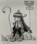  1girl bandaid bandaid_on_face boots commentary_request facial_mark greyscale holding holding_scepter long_hair michigami_nareko monochrome road_sign rock scepter shirt short_sleeves shorts sign sitting solo sphere_hair_ornament stop_sign suteruko thighhighs touhou traditional_media translated triangle triangle_facial_mark very_long_hair 