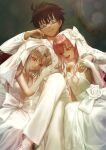  1boy 2girls bare_shoulders black_hair breasts bridal_veil bride commentary_request commission crossed_legs dead_apostle_noel_(tsukihime) dress glasses gloves grey_hair highres looking_at_viewer megumi_(piyo7piyo9) melty_blood multiple_girls noel_(tsukihime) pink_eyes pink_hair red_eyes sitting skeb_commission small_breasts smile suit tohno_shiki tsukihime veil wedding_dress white_len_(tsukihime) white_suit 
