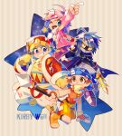  4boys ;d ahoge arm_up armor bandana_waddle_dee belt black_belt blue_cape blue_eyes blue_hair blue_turban boots bright_pupils brown_eyes brown_hair cape coat copyright_name covered_mouth fingerless_gloves foreshortening fur-trimmed_coat fur_trim gloves grin hammer heart heart_in_mouth highres holding holding_hammer holding_polearm holding_sword holding_weapon index_finger_raised king_dedede kirby kirby_(series) lace-up_boots male_focus meta_knight mittens multiple_boys one_eye_closed open_clothes open_coat orange_boots orange_shorts outline over_shoulder pants pauldrons personification pink_hair polearm red_coat red_gloves red_shirt scarf shirt shorts shoulder_armor single_sleeve sleeveless sleeveless_shirt smile star_(sky) starry_sky_background striped_background sword turban v-shaped_eyebrows weapon weapon_over_shoulder white_outline white_pants white_pupils white_scarf yasubaru yellow_boots yellow_mittens zipper_pull_tab 