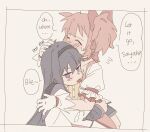  2girls akemi_homura akemi_homura_(magical_girl) arms_around_waist black_hair black_hairband blush bow dress english_text ezier flying_sweatdrops gloves hair_bow hairband hand_on_another&#039;s_head headpat highres hug kaname_madoka kaname_madoka_(magical_girl) long_hair mahou_shoujo_madoka_magica mahou_shoujo_madoka_magica_(anime) multiple_girls pink_bow pink_hair purple_eyes shirt short_twintails speech_bubble tongue tongue_out twintails white_dress white_gloves white_shirt yuri 