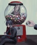  1boy 1girl 1other ahoge akamatsu_kaede ball black_hair black_jacket black_pants breasts brown_eyes danganronpa_(series) danganronpa_v3:_killing_harmony hair_between_eyes hair_ornament hairclip highres holding jacket large_breasts long_sleeves musical_note musical_note_hair_ornament pants pink_sweater_vest saihara_shuichi shirt slot_machine striped_clothes striped_jacket striped_pants sukizukiko sweater_vest tagme white_shirt 