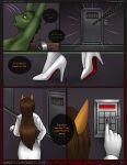 amber_(eliana-asato) anthro back_spikes bald black_lips boots brown_hair clothed clothing colored_nails comic comic_panel crocodile crocodilian detailed_background digital_media_(artwork) doctor door duo eliana-asato english_text female floor footwear fur giraffe giraffid green_body green_scales hair hand_on_hip hi_res high_heels inside lips long_hair long_nails mammal multicolored_body multicolored_fur nails object_in_hand oleg_(eliana-asato) olivia_(eliana-asato) open_mouth pressing_button rear_view red_nail_polish red_nails reptile restraints scales scalie shoes side_view speech_bubble spikes spikes_(anatomy) standing surprised_expression text two_tone_body two_tone_fur walking white_clothing white_footwear white_shoes yellow_body yellow_eyes yellow_fur