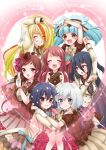  6+girls black_hair blonde_hair blue_hair brown_hair chocolate chocolate_heart dress flower gloves grin hair_flower hair_ornament heart heart_arms heart_in_mouth hoshikawa_lily konno_junko minamoto_sakura mizuno_ai multicolored_hair multiple_girls nikaidou_saki red_hair silver_hair smile star star_hair_ornament valentine white_gloves yamada_tae yumu_mz yuugiri_(zombie_land_saga) zombie_land_saga 