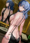  1girl absurdres arms_at_sides ass back backless_dress backless_outfit bathroom black_dress blue_eyes blue_hair blue_panties breasts breasts_apart butt_crack closed_mouth commentary_request cowboy_shot dimples_of_venus double-parted_bangs dress dutch_angle evening_gown faucet gotland_(kancolle) gradient_eyes green_eyes hair_between_eyes half_updo highres jewelry kantai_collection kusaka_souji large_breasts long_bangs looking_at_viewer looking_back median_furrow medium_hair mirror mole mole_under_eye multicolored_eyes navel necklace no_bra panties panty_pull pearl_necklace reflection revealing_clothes sink sleeveless sleeveless_dress smile solo standing towel turning_head underwear variant_set 
