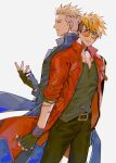 2boys arm_up belt belt_buckle black_belt black_gloves black_hair black_pants black_shirt blonde_hair blue_coat blue_eyes brothers buckle chiyo_(miichiyochin) closed_mouth coat collared_coat commentary cosplay dante_(devil_may_cry) dante_(devil_may_cry)_(cosplay) devil_may_cry_(series) devil_may_cry_3 english_commentary fingerless_gloves floating_clothes frown glasses gloves highres light_smile looking_to_the_side male_focus millions_knives multicolored_hair multiple_boys multiple_scars orange-tinted_eyewear pants popped_collar red_coat rimless_eyewear scar scar_on_arm scar_on_chest shirt shirt_partially_tucked_in short_sideburns siblings sideways_glance simple_background standing tinted_eyewear trigun trigun_stampede twins two-tone_hair vash_the_stampede vergil_(devil_may_cry) vergil_(devil_may_cry)_(cosplay) white_background 