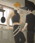  2boys :d antenna_hair aqua_eyes aqua_hair ashtray bandaged_arm bandages bandaid bandaid_on_arm bandaid_on_neck black_choker black_hair black_pants black_shirt cabinet choker coffee_mug counter cropped_jacket crossed_bangs cup drawstring fangs faucet frying_pan gauze gauze_on_cheek gradient_hair grey_jacket hair_between_eyes hashtag-only_commentary highres holding holding_cup indoors jacket jar kitchen kitchen_hood looking_at_another male_focus mug multicolored_eyes multicolored_hair multiple_boys nijisanji npa_(hmp) open_mouth orange_eyes orange_hair pants purple_eyes saiki_ittetsu shelf shirt short_hair short_sleeves sleeveless sleeveless_jacket smile standing t-shirt teeth tile_wall tiles towel two-tone_eyes upper_teeth_only usami_rito vent_(object) virtual_youtuber window 