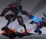 absurdres adeptus_astartes arm_cannon armor artist_logo battle battle_damage blood blue_armor blue_eyes bolter cable chainsword crossover death district_9 dual_arm_cannons dust electricity electrocution embers energy_weapon english_commentary extra_eyes glowing glowing_eyes gradient_background grey_background highres joints logo mecha power_armor radio_antenna reverse-jointed_legs robot robot_joints rubble science_fiction shell_casing smoke smoking_barrel ultramarines warhammer_40k weapon wire wolfdawg_art 