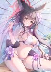  1girl animal_ear_fluff animal_ears bead_bracelet beads bikini blue_archive blush bracelet breasts brown_hair closed_mouth commentary flower fox_ears fox_girl fox_tail hair_flower hair_ornament halo highres holding jewelry large_breasts long_hair looking_at_viewer navel ocean official_alternate_costume outdoors purple_flower red_halo sitting smile solo string_bikini swimsuit tail tomo_(tomosa011326) umbrella very_long_hair wakamo_(blue_archive) wakamo_(swimsuit)_(blue_archive) yellow_eyes 