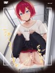 1girl ange_katrina ange_katrina_(5th_costume) anus bar_censor belt black_choker black_pants blue_eyes brown_belt censored choker clothes_pull earrings hair_between_eyes hair_ornament highres jewelry mobukichi nijisanji panties pants pants_pull panty_pull pee peeing pubic_hair pussy red_hair red_panties shirt shoes short_hair short_sleeves sneakers solo spread_legs squat_toilet squatting t-shirt toilet toilet_use triangle_earrings triangle_hair_ornament underwear virtual_youtuber white_shirt white_shoes 