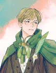  1boy black_cloak breeze_paro brown_eyes cape cloak closed_mouth cloud collared_shirt commentary english_commentary fire_emblem fire_emblem:_three_houses glasses green_cape green_hair green_trim highres ignatz_victor ignatz_victor_(timeskip) looking_to_the_side male_focus plume rimless_eyewear shirt short_hair short_sideburns sky solo tassel upper_body white_shirt 