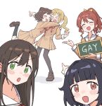  5girls absurdres angry bang_dream! black_hair black_thighhighs blonde_hair blush brown_eyes brown_hair chalkboard green_eyes hanasakigawa_school_uniform hanazono_tae highres holding hug ichigaya_arisa long_hair multiple_girls open_mouth poppin&#039;party punching red_sailor_collar sailor_collar school_uniform shoes short_hair simple_background skirt smile standing thighhighs toyama_kasumi twintails ushigome_rimi white_background yamabuki_saya yeeee_chen 