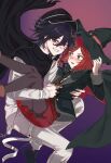  1boy 1girl :d black_cape black_hair black_hat blush brown_eyes brown_vest cape carrying danganronpa_(series) danganronpa_v3:_killing_harmony gradient_background grin hat highres jacket jjigjjikk long_sleeves neck_ribbon oma_kokichi pants peaked_cap pleated_skirt princess_carry purple_background purple_hair red_skirt ribbon shoes skirt smile teeth vest white_jacket white_pants yumeno_himiko 