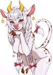 anthro bovid bovine braided_hair brown_markings cattle ear_piercing ear_stud eyelashes eyeshadow facial_spots female female_anthro fur hair hi_res horn leaning leaning_forward looking_at_viewer makeup mammal markings narrowed_eyes nipples nude piercing pink_eyeshadow pink_inner_ear pink_nipples pink_nose portrait shermugi signature smile solo spots spotted_arms spotted_face spotted_legs spotted_markings spotted_tail standing tail tail_markings three-quarter_portrait white_body white_fur yellow_eyes yellow_horn