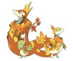  alternate_design colored_skin evolutionary_line full_body green_eyes green_skin highres leaf maple_leaf no_humans orange_skin pokemon pokemon_(creature) serperior servine simple_background slit_pupils snake snivy standing white_background wulie_errr yellow_skin 