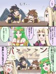  2boys 2girls angel angel_wings black_hair blonde_hair blue_eyes breasts brown_hair cleavage collarbone dark_pit emphasis_lines fine_art_parody flower frown green_eyes green_hair hair_flower hair_ornament hand_on_own_chin highres holding holding_staff honegisu_jijii kid_icarus kid_icarus_uprising laurel_crown looking_at_another multiple_boys multiple_girls palutena parody pit_(kid_icarus) sistine_madonna staff sweat translation_request viridi wings 