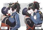  !? 2girls before_and_after belle_(zenless_zone_zero) black_gloves black_hair black_shirt blue_hair blue_jacket blush checkered_necktie closed_eyes dated fingerless_gloves french_kiss from_side gloves green_eyes grey_background hairband hand_in_another&#039;s_hair hand_on_another&#039;s_cheek hand_on_another&#039;s_face heart jacket jouhou kiss metal_hairband multicolored_hair multiple_girls musical_note necktie orange_gloves ponytail profile red_eyes red_hair shirt short_hair signature sleeveless sleeveless_jacket small_sweatdrop spoken_heart spoken_interrobang spoken_musical_note streaked_hair sweatdrop trembling twitter_username upper_body yuri zenless_zone_zero zhu_yuan 