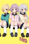  3girls ahoge black_sailor_collar black_shoes blonde_hair blush bow braid brown_eyes cardigan commentary earclip grey_hair hair_between_eyes hair_flaps hair_ornament hair_over_one_eye hairclip hoshi_syoko idolmaster idolmaster_cinderella_girls kawaii_boku_to_142&#039;s_(idolmaster) koshimizu_sachiko leg_warmers loafers long_hair multiple_girls pleated_skirt purple_hair rikaon sailor_collar shirasaka_koume shoes short_hair side_braid sitting skirt sleeves_past_wrists smile white_leg_warmers yellow_background 