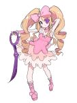  1girl blonde_hair blue_eyes bow breasts cleavage colored_eyepatch detached_collar dress drill_hair earrings eyepatch footwear_bow frilled_cuffs frills harime_nui heart heart_earrings jewelry kill_la_kill long_hair owy3ks pink_bow pink_dress pink_wrist_cuffs scissor_blade_(kill_la_kill) smile twin_drills white_background wrist_cuffs 
