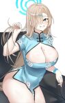  1girl asuna_(blue_archive) bead_bracelet beads blonde_hair blue_archive blue_dress blue_eyes blue_halo blue_nails blush bracelet breasts chair china_dress chinese_clothes cleavage cleavage_cutout clothing_cutout dress floral_print grin hair_ornament hair_over_one_eye hairclip halo helandyck highres holding holding_own_hair jewelry large_breasts long_hair looking_at_viewer mole mole_on_breast sitting smile solo thighs very_long_hair 