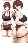  1girl absurdres ass bare_shoulders black_shorts black_sports_bra blunt_bangs braid breasts brown_hair cleavage closed_mouth clothing_cutout collarbone crown_braid highres large_breasts looking_at_viewer nero_watch niijima_makoto persona persona_5 red_eyes short_hair shorts sideboob simple_background smile solo sports_bra sportswear wedgie white_background workout_clothes 