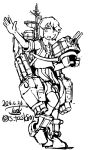  1girl adapted_turret artist_logo dated full_body kantai_collection lineart logo looking_at_viewer machinery miyuki_(kancolle) monochrome one-hour_drawing_challenge pleated_skirt sailor_collar sailor_shirt school_uniform serafuku shirt short_hair short_sleeves skirt solo standing task_(s_task80) twitter_username waving 