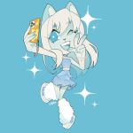  1girl animal_ears artist_name bare_shoulders bead_bracelet beads blue_background blue_bow blue_choker blue_eyes blue_shoes blue_skirt blue_theme blue_tongue blue_tube_top bow bracelet bright_pupils cat_ears cat_girl cellphone chibi choker claws colored_tongue commentary commission english_commentary eyelashes eyes_visible_through_hair fangs frilled_skirt frills full_body fur_leg_warmers furry furry_female hair_between_eyes happy high-waist_skirt highres holding holding_phone jewelry lanyard leg_up leg_warmers long_hair looking_at_object midriff miniskirt multicolored_shoes multiple_bracelets one_eye_closed open_mouth original pawpads phone selfie shoes sidelocks signature simple_background skirt skirt_set smartphone smile sneakers solo sparkle star_bracelet strapless teeth tube_top two-tone_shoes upper_teeth_only w waist_bow white_hair white_leg_warmers white_pupils white_shoes wikate y2k_fashion 