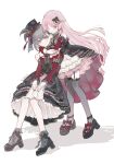  2girls bang_dream! bang_dream!_it&#039;s_mygo!!!!! black_dress black_hat black_shoes black_thighhighs blush bow braid brown_eyes chihaya_anon commentary detached_sleeves dress earrings grey_eyes grey_hair half_up_braid hat highres hug hug_from_behind jewelry juliet_sleeves long_hair long_sleeves multiple_girls nail_polish pantyhose pink_hair puffy_sleeves red_bow red_nails shadow shoes short_hair simoco symbol-only_commentary takamatsu_tomori thighhighs white_pantyhose yuri 