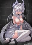  1girl absurdres ankle_cuffs arm_under_breasts armlet bandaid bandaids_on_nipples bare_shoulders blush breasts cleavage demon_girl demon_horns demon_wings detached_collar dress drill_hair duel_monster earrings grey_corset grey_eyes highres horns jewelry large_breasts long_hair looking_at_viewer lovely_labrynth_of_the_silver_castle open_mouth pasties pointy_ears solo strapless strapless_dress thighhighs tokiyanagi torn_clothes torn_thighhighs transparent_wings twin_drills white_dress white_hair white_thighhighs wings yu-gi-oh! 