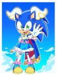  1boy :d absurdres animal_nose blue_background blue_boots blue_bow blue_cape blue_dress blue_fur blue_sky blush boots border bow brooch cape cloud cloudy_sky commentary cosplay crossdressing crossover cure_sky cure_sky_(cosplay) detached_sleeves dress dress_bow ear_bow fingerless_gloves fringe-trimmed_cape fringe_trim full_body furry furry_male gloves green_eyes hair_ornament hand_up hedgehog_boy highres hirogaru_sky!_precure jewelry kuro_(user_uwrm3742) legs_apart looking_at_viewer magical_boy male_focus medium_dress mixed-language_commentary multicolored_dress open_hand open_mouth pink_bow precure puffy_detached_sleeves puffy_sleeves red_cape sky sleeveless sleeveless_dress smile solo sonic_(series) sonic_the_hedgehog spread_fingers standing teeth thighhighs two-sided_cape two-sided_fabric two-tone_dress upper_teeth_only waving white_border white_dress white_gloves white_thighhighs wing_brooch wing_hair_ornament zettai_ryouiki 