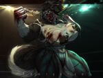 anthro areola black_body black_hair black_nails black_skin blood blood_on_face blood_on_hand bodily_fluids canid canine clothing colored_nails dark_areola female fighting_pose green_eyes hair hi_res highleg highleg_panties highleg_underwear mammal multicolored_body muscular muscular_anthro muscular_female muscular_thighs nails open_mouth panties ponytail portrait pose scratches smile solo tail thick_thighs three-quarter_portrait torn_clothing underwear white_body white_skin yanzeigeist