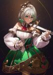  1girl absurdres ascot back_bow bare_shoulders bow bow_(music) braid cecilia_immergreen cecilia_immergreen_(1st_costume) closed_mouth colored_inner_hair commentary corset cross-laced_clothes cross-laced_corset detached_collar detached_sleeves doll doll_joints double-parted_bangs gears gold_trim green_corset green_eyes green_hair green_skirt grey_hair hair_between_eyes hair_ornament highres holding holding_bow_(music) holding_instrument holding_violin hololive hololive_english instrument joints large_bow long_sleeves looking_at_viewer mcking multicolored_hair music playing_instrument puffy_long_sleeves puffy_sleeves red_ascot short_hair side_braid single_braid skirt smile solo strapless_romper streaked_hair underbust violin virtual_youtuber white_romper white_sleeves winding_key 