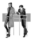  2boys :d :| against_railing belt black_choker black_eyes black_hair black_shirt choker closed_eyes closed_mouth curtained_hair dark-skinned_male dark_skin elbow_rest expressionless finger_gun full_body greyscale hair_slicked_back hand_on_own_arm high_ponytail highres knee_up library_of_ruina looking_at_another looking_back male_focus monochrome multiple_boys olivier_(project_moon) outstretched_hand ponytail project_moon railing roland_(project_moon) shirt short_hair smile standing talking wuruko 