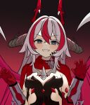  1girl absurdres black_corset breasts commentary_request coralie_6626_planck corset dragon_girl dragon_horns dragon_wings elbow_gloves gloves gradient_background grin highres honkai_(series) honkai_impact_3rd horns long_hair looking_at_viewer multicolored_hair ng1sh8 red_gloves red_hair scales shrug_(clothing) small_breasts smile solo teeth two-tone_hair very_long_hair white_hair wings 