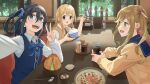  3girls :o absurdres ahoge amamiya_satsuki_(mono) bench black_hair blonde_hair blue_bow blue_bowtie blue_eyes blue_ribbon blue_sailor_collar blue_scrunchie blue_vest blush bottle bow bowl bowtie brown_hair brown_sweater brown_sweater_vest buttons chopsticks collared_shirt commentary_request crossover cup day double-parted_bangs dress_shirt duang_(user_tsag8258) elbow_on_table eyelashes fang green_eyes grey_eyes hair_ornament hair_scrunchie hand_up highres holding holding_chopsticks holding_cup indoors inuyama_aoi k-on! kotobuki_tsumugi long_hair long_sidelocks long_sleeves looking_at_another looking_at_viewer medium_hair menu mono_(afro) motosu_school_uniform multiple_girls neck_ribbon one_side_up open_mouth open_window posing restaurant ribbon rice_bowl sailor_collar sakuragaoka_high_school_uniform school_uniform scrunchie selfie serafuku shadow shirt short_sleeves sidelocks sideways_mouth sitting skin_fang smile soda sphere_hair_ornament sugar_cube sweater sweater_vest table teeth thick_eyebrows tissue tissue_box tree upper_teeth_only v vest white_shirt window windowsill yurucamp 
