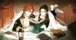  2boys black_jacket black_pants black_vest book brown_eyes closed_mouth collared_jacket collared_shirt commentary_request curtained_hair felix_hugo_fraldarius fingernails fire_emblem fire_emblem:_three_houses frown garreg_mach_monastery_uniform hair_bun hand_on_own_chin head_rest holding holding_book jacket lantern long_sleeves lying male_focus multiple_boys on_stomach open_book open_clothes open_collar open_jacket orange_eyes pants parted_lips pointing popped_collar reading school_uniform shirt single_hair_bun socks stone_wall sylvain_jose_gautier tsugarot under_covers vest white_shirt white_socks 