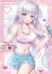  1girl :d bare_arms bare_shoulders bear_hair_ornament blue_shorts blush breasts cleavage commentary_request dolphin_shorts exercising grey_hair hair_between_eyes hair_ornament hairclip heart highres holding joy-con kohinata_hoshimi large_breasts long_hair looking_at_viewer medium_breasts midriff navel no_shirt one_side_up open_mouth original pixelated purple_eyes short_shorts shorts smile solo sports_bra sportswear stomach towel towel_around_neck two-tone_sports_bra very_long_hair white_sports_bra 