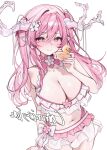  1girl antler_ornament antlers bare_shoulders bikini blossum_(vtuber) blush bow breasts choker cleavage closed_mouth commentary commission earrings flower flower_collar flower_earrings flower_in_eye frilled_bikini frills hair_between_eyes hair_flower hair_ornament highres holding holding_rubber_duck horn_flower horns indie_virtual_youtuber jewelry large_breasts long_hair looking_at_viewer miyuchiq navel pink_bikini pink_choker pink_eyes pink_flower pink_hair pink_skirt pointy_ears rubber_duck simple_background skirt smile solo stomach swimsuit symbol_in_eye thighs virtual_youtuber white_background white_bikini white_bow white_flower white_horns 