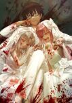  1boy 2girls bare_shoulders black_hair blood blood_on_clothes blood_on_face blood_splatter blue_eyes breasts bridal_veil bride commentary_request commission crossed_legs dead_apostle_noel_(tsukihime) dress glasses gloves grey_hair highres looking_at_viewer megumi_(piyo7piyo9) melty_blood multiple_girls nanaya_shiki noel_(tsukihime) pink_hair red_eyes sitting skeb_commission small_breasts smile suit tsukihime veil wedding_dress white_len_(tsukihime) white_suit 