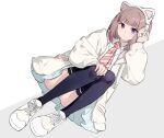  1girl animal_ear_headphones animal_ears black_thighhighs blue_skirt blunt_bangs bob_cut brown_hair cat_ear_headphones collared_shirt convenient_leg diagonal-striped_clothes diagonal-striped_necktie dress_shirt fake_animal_ears headphones highres hood hooded_jacket ikizulive!_love_live!_bluebird jacket long_sleeves looking_at_viewer love_live! migolu miniskirt necktie open_clothes open_jacket orange_necktie pleated_skirt purple_eyes sasaki_shion school_uniform shirt short_hair simple_background skirt solo striped_clothes thighhighs white_background white_jacket white_shirt 