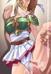  blonde_hair blue_eyes cassandra_alexandra censored cosplay cum facial green_armor helmet hetero penis sex solo_focus soulcalibur tasaka_shinnosuke third-party_edit valkyrie_(vnd) valkyrie_no_densetsu 