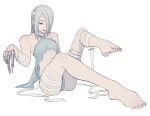  1girl a.k.i._(street_fighter) ass bandage_over_one_eye bandaged_arm bandaged_head bandaged_leg bandaged_neck bandages barefoot bikini claw_(weapon) claw_ring feet hair_over_one_eye mekyo mole mole_under_mouth official_alternate_costume official_alternate_hairstyle sitting solo street_fighter street_fighter_6 swimsuit toes weapon 