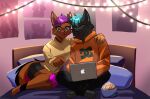 anthro apple_inc. apple_macintosh bed bedroom black_body black_fur blue_hair brown_body brown_fur canid canine canis clothed clothing computer domestic_cat duo electronics felid feline felis female food fur furniture hair hi_res inverted_pyro laptop looking_at_computer looking_at_laptop looking_at_object looking_at_screen macbook male male/female mammal popcorn purple_hair tail wolf
