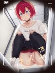  1girl ange_katrina ange_katrina_(5th_costume) anus bar_censor belt black_choker black_pants blue_eyes brown_belt censored choker closed_mouth clothes_pull earrings hair_between_eyes hair_ornament highres jewelry mobukichi nijisanji panties pants pants_pull panty_pull pee peeing pubic_hair pussy red_hair red_panties shirt shoes short_hair short_sleeves sneakers solo spread_legs squat_toilet squatting t-shirt toilet toilet_use triangle_earrings triangle_hair_ornament underwear virtual_youtuber white_shirt white_shoes 