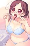  arima_senne blue_bra blue_panties bow bow_bra bow_panties bra breasts brown_eyes brown_hair censored cleavage condom condom_on_penis disembodied_penis fang glasses hair_ornament hairpin kashiwamochi_yomogi lace lace-trimmed_bra large_breasts lingerie original panties penis plump sitting solo_focus underwear underwear_only 